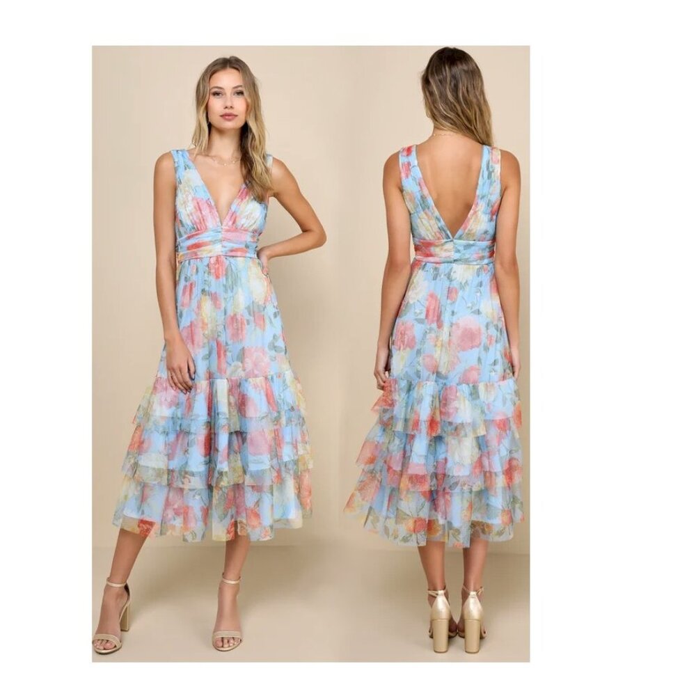 Lulu's Pastel Floral Tiered Midi Dress in Blue, Pink, Yellow